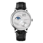 A Lange & Sohne Grand Lange 1 139.025 Silver Dial Moonphase 41Mm Platinum Case Black Leather Straps Men’S Watch