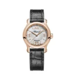 Chopard Happy Sport Round Watch 30Mm Rose Gold Case Silver Dial Black Strap Ref. 274893-5011