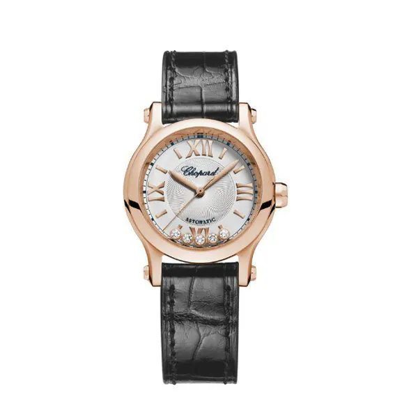 274893-5011.jpg Chopard Happy Sport Round Watch 30Mm Rose Gold Case Silver Dial Black Strap Ref. 274893-5011 - Image 1