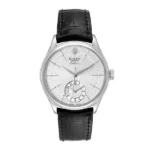 Rolex Cellini Dual Time White Gold Silver Guilloche Index Dial Domed & Fluted Double Bezel Black Leather Bracelet Men’S Watch