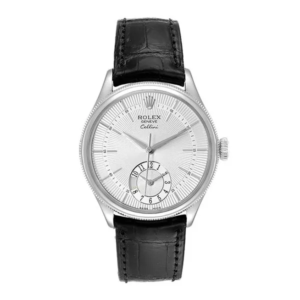 50529.jpg Rolex Cellini Dual Time White Gold Silver Guilloche Index Dial Domed & Fluted Double Bezel Black Leather Bracelet Men’S Watch - Image 1