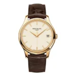 Patek Philippe Calatrava 5227J-001 Ivory Index Automatic 39Mm 18 Karat Yellow Gold Brown Leather Straps Men’S Watch