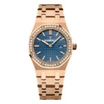 Audemars Piguet Royal Oak 67651OR.ZZ.1261OR.02 Quartz 18K Rose Gold Blue Index Diamond Bezel 33Mm Ladies Watch