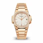 Patek Philippe Nautilus 7010/1R-011 Silvery Opaline Dial Diamonds-Set Bezel 32Mm 18K Rose Gold Ladies Watch
