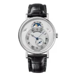 Breguet Classique Day-Date 7337Bb/1E/9V6 Silver Roman Dial Moonphase 39Mm 18K White Gold Black Leather Straps Men’S Watch