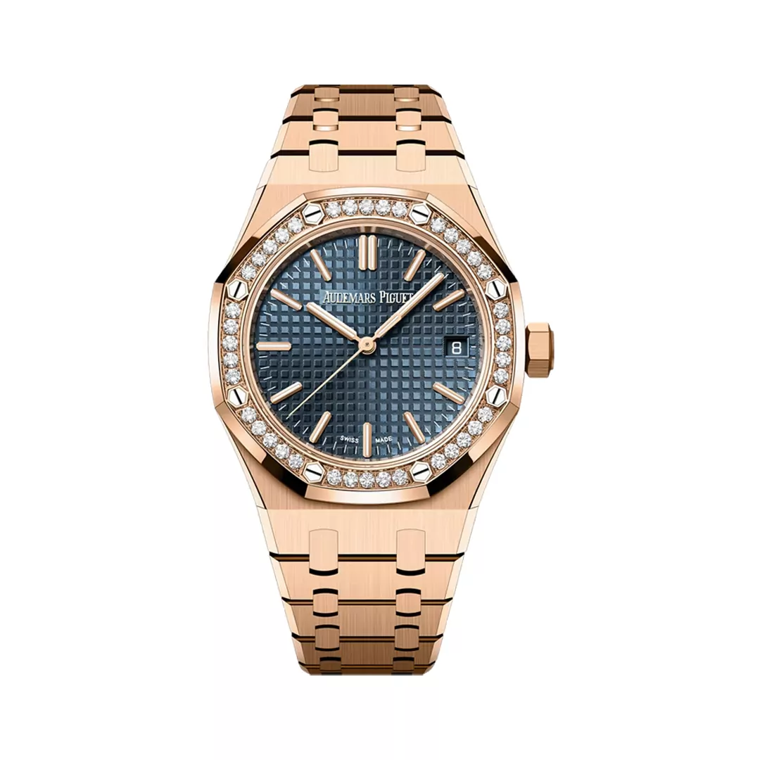 Audemars-Piguet-Royal-Oak-15551OR.ZZ_.1356OR.05.jpg (1) Audemars Piguet Royal Oak 15551OR.ZZ.1356OR.05 Rose Gold with Diamond Bezel Blue Dial 37mm Unisex Watch - Image 1