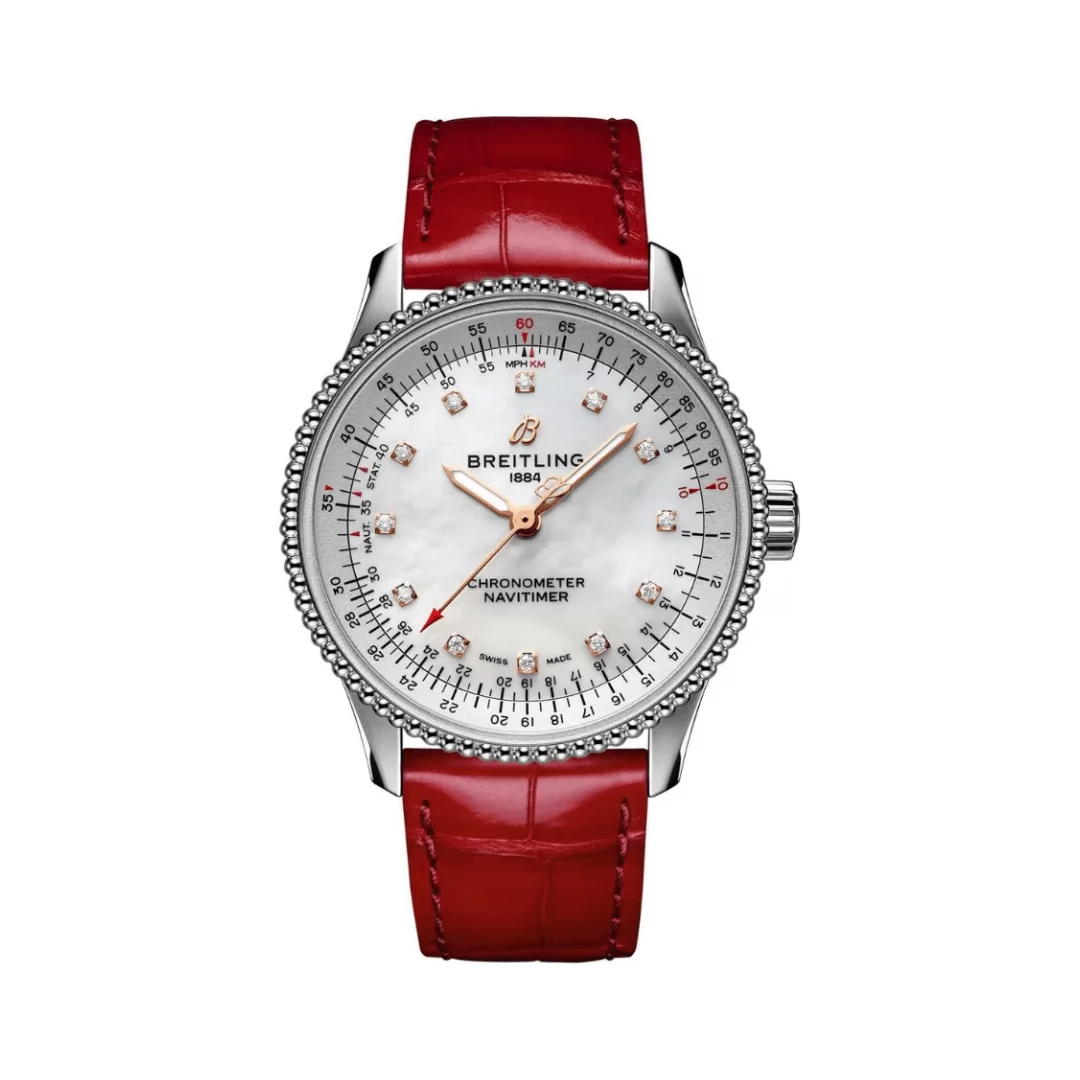 Breitling-Navitimer-A17395211A1P5.png Breitling Navitimer A17395211A1P5 Red Alligator Leather MOP Dial - Image 1