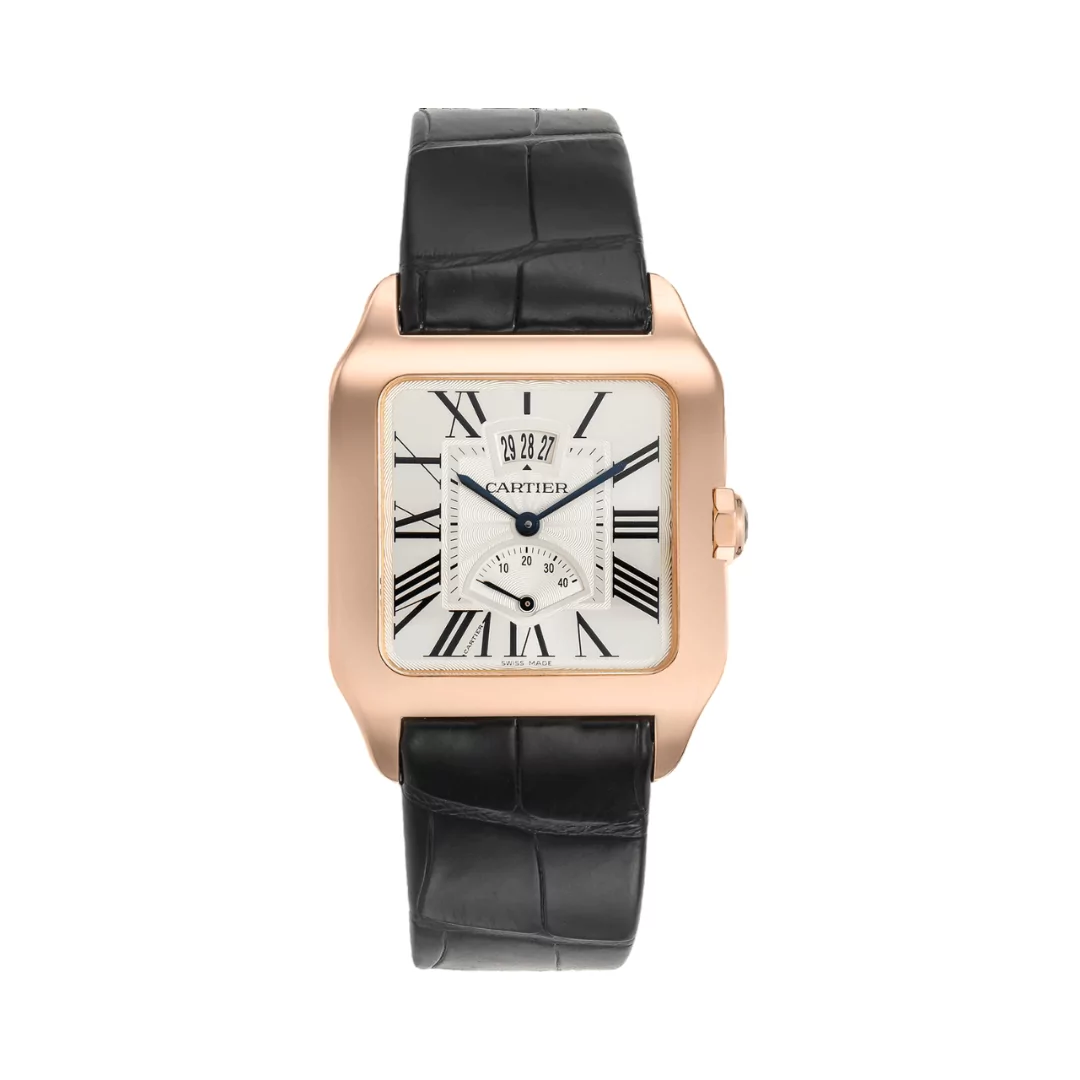 Cartier-Santos-Dumont-W2020067.png Cartier Santos Dumont W2020067 Rose Gold Silver Dial Black Strap - Image 1