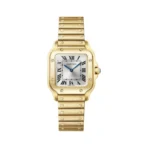 Cartier Santos De Cartier WGSA0107 Small Yellow Gold 34.5mm x 27mm Silver Sunray Dial Ladies Watch