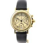 Breguet Marine 4460 Silver Cream Roman Dial Chronograph 33Mm 18K Yellow Gold Black Leather Straps Ladies Watch