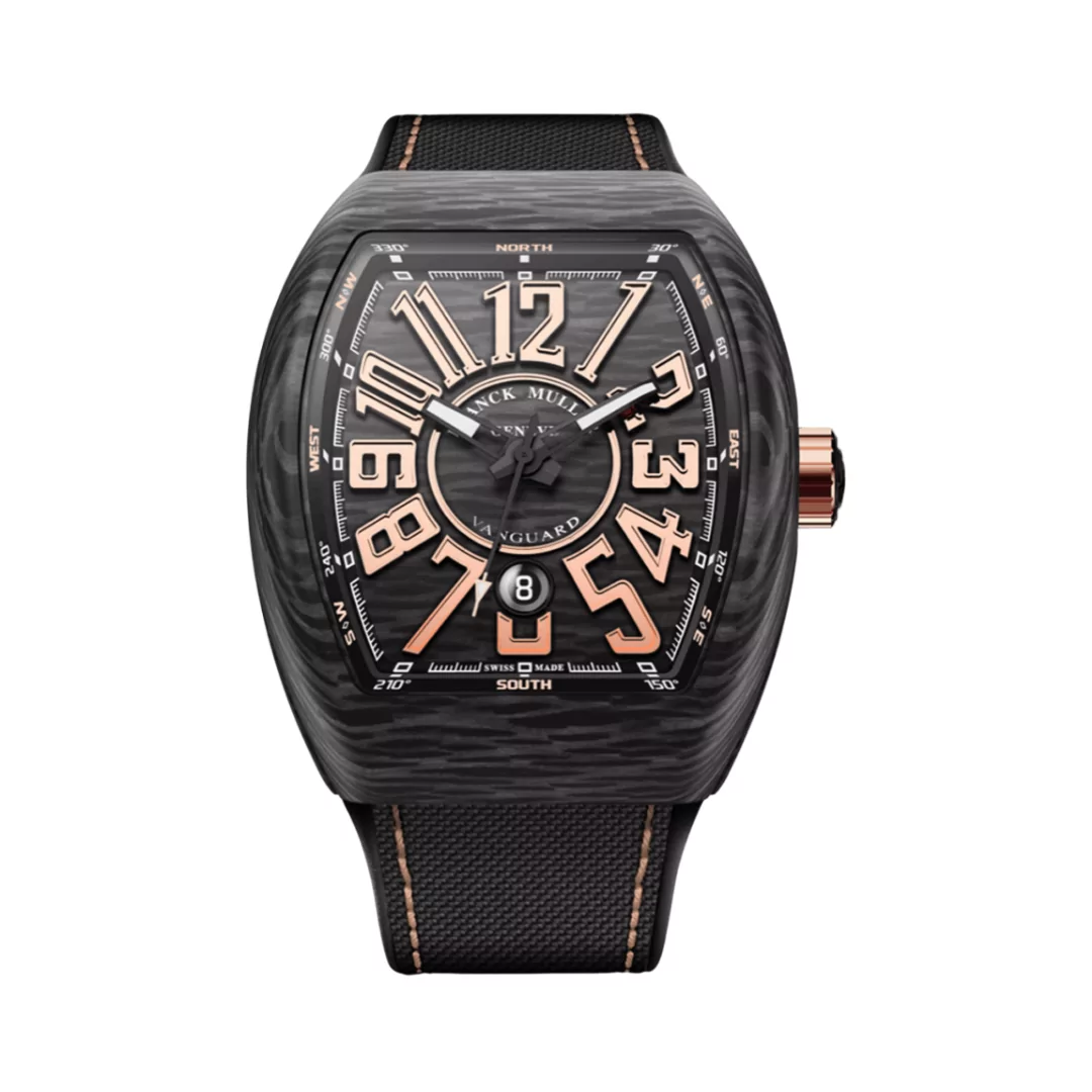 Franck-Muller-Vanguard-Carbon-V45-SC-DT-CARBON-NR.png Franck Muller Vanguard Carbon V45 SC DT CARBON NR BN Automatic Gold Numerals 45mm Black Dial - Image 1