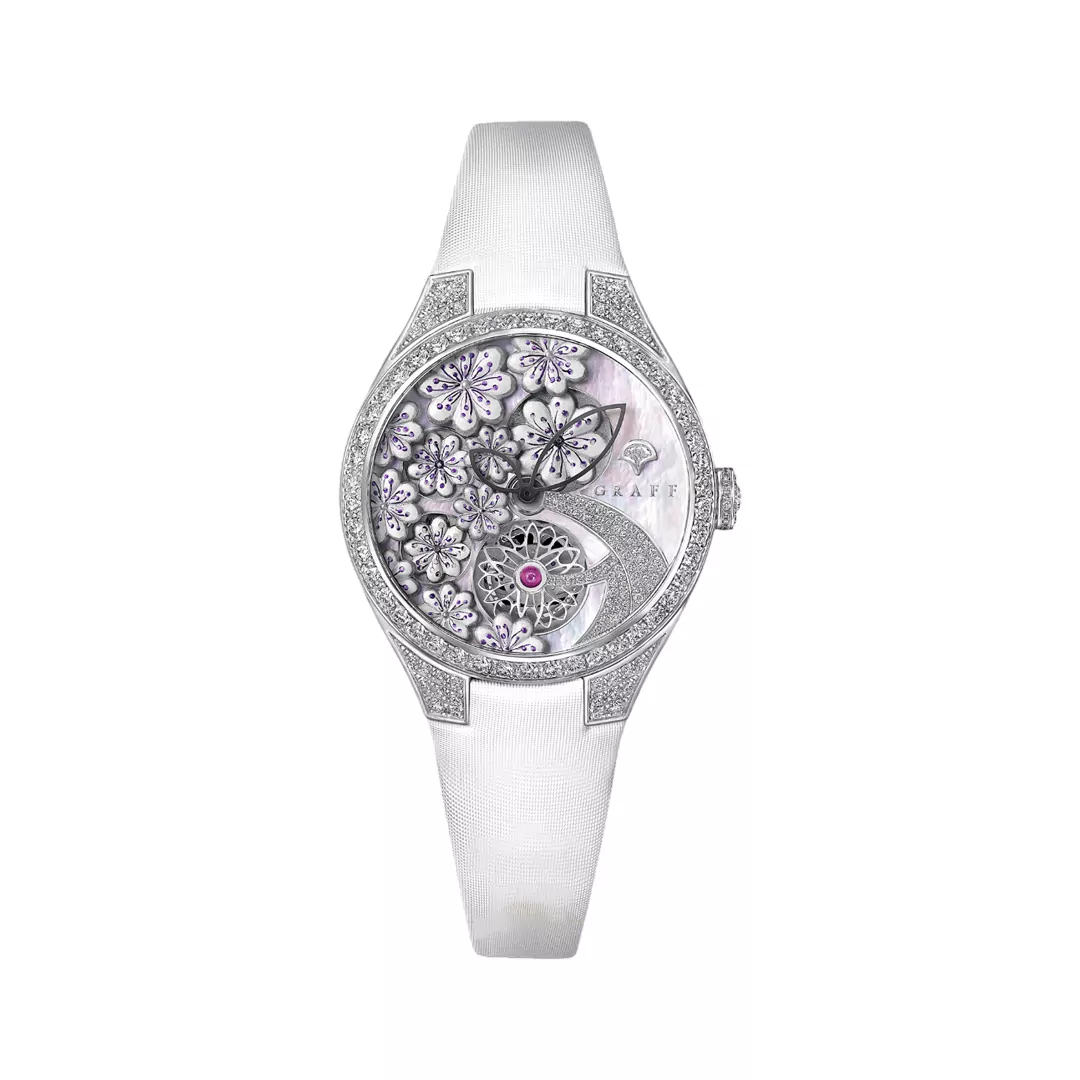 Graff-MasterGraff-MGFA37WGSLDMPW.jpg Graff MasterGraff MGFA37WGSLDMPW Technical Floral White Gold Diamond Bezel 37mm MOP Dial Ladies Watch - Image 1
