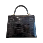 Hermes Kelly 25 Black Shiny Crocodile Gold HW Handbag - Image 4