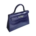 Hermes Kelly 28 Blue Encre Shiny Croco Palladium HW Handbag - Image 3