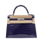 Hermes Kelly 28 Blue Encre Shiny Croco Palladium HW Handbag