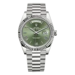 Rolex Day-Date 228239 Ogrp Olive Green Beveled Roman Fluted Bezel Dial 40Mm 18Kt White Gold Jubilee Bracelet Men’S Watch