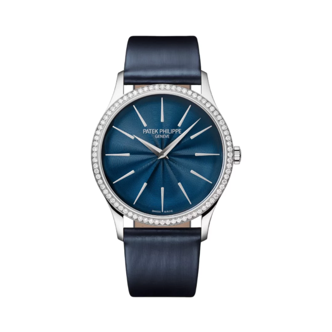 Patek-Philippe-Calatrava-4997200G-001.png Patek Philippe Calatrava 4997/200G-001 Blue Dial Diamond Bezel 18K White Gold Blue Satin Straps - Image 1