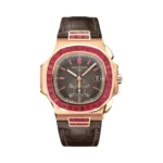 Patek Philippe Nautilus 5980/12R-010 Black Dial Ruby Bezel Chronograph 40Mm 18K Rose Gold Black Leather Straps Men’S Watch