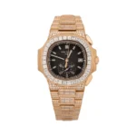 Patek Philippe Nautilus 5980/1400R-011 18K Rose Gold Full Diamond Chronograph Date Baguette 40mm Black Dial Mens Watch