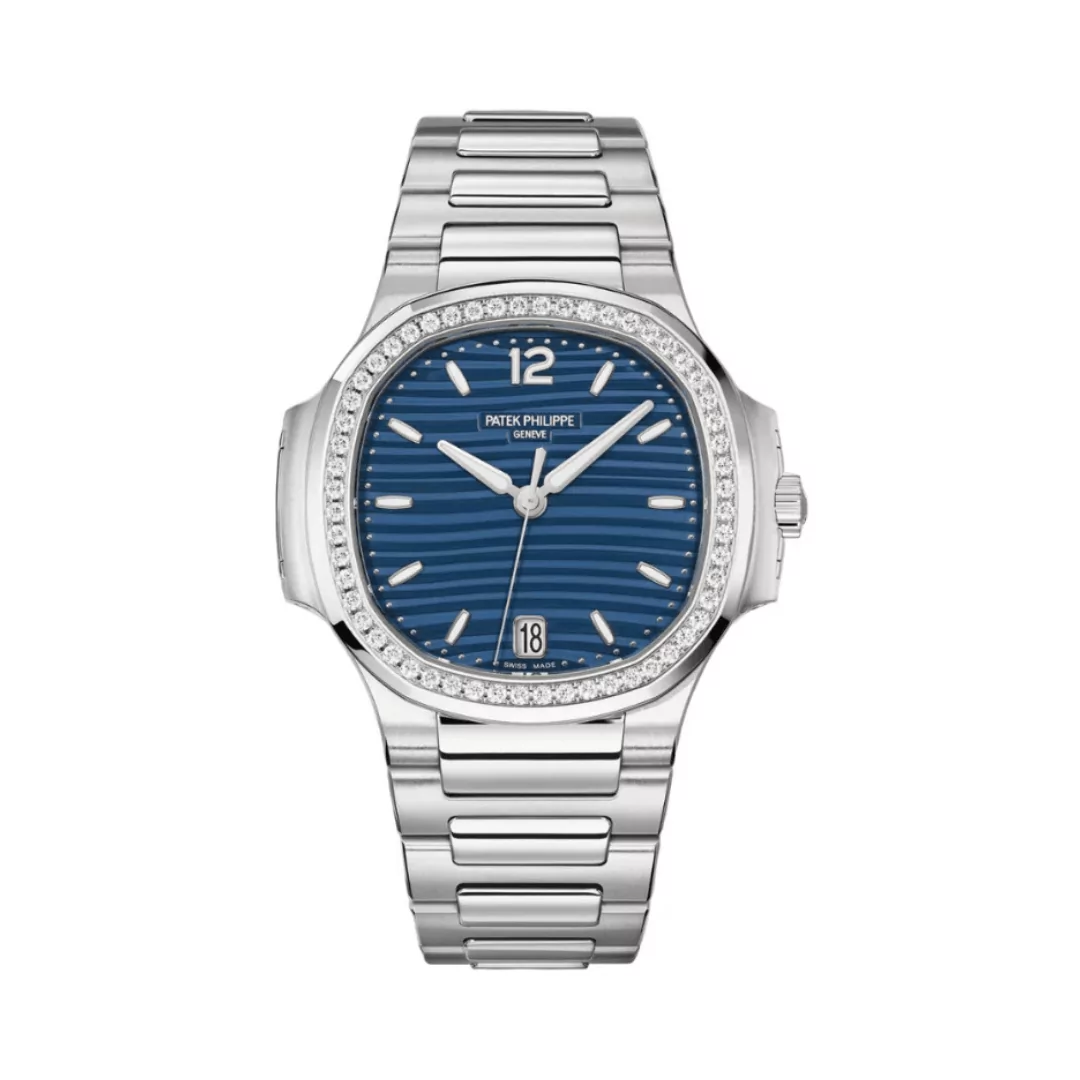 Patek-Philippe-Nautilus-71181200A-001.png Patek Philippe Nautilus 7118/1200A-001 Blue Opaline Index Dial Diamond-Set Bezel Stainless Steel 35mm Blue Dial Womens Watch - Image 1