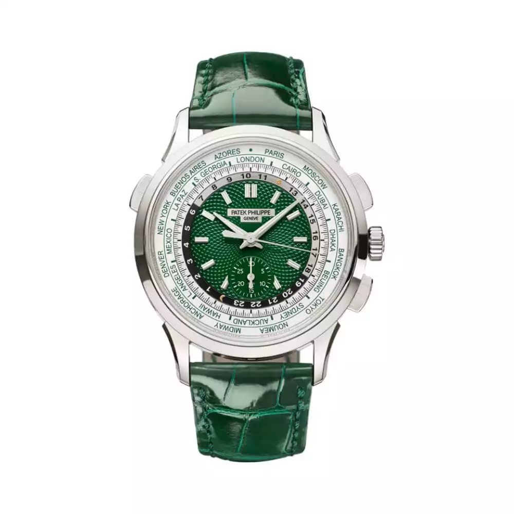 Patek-Philippe-World-Time-5930P-001.jpg Patek Philippe World Time 5930P-001 Flyback Chronograph Platinum Green Dial - Image 1