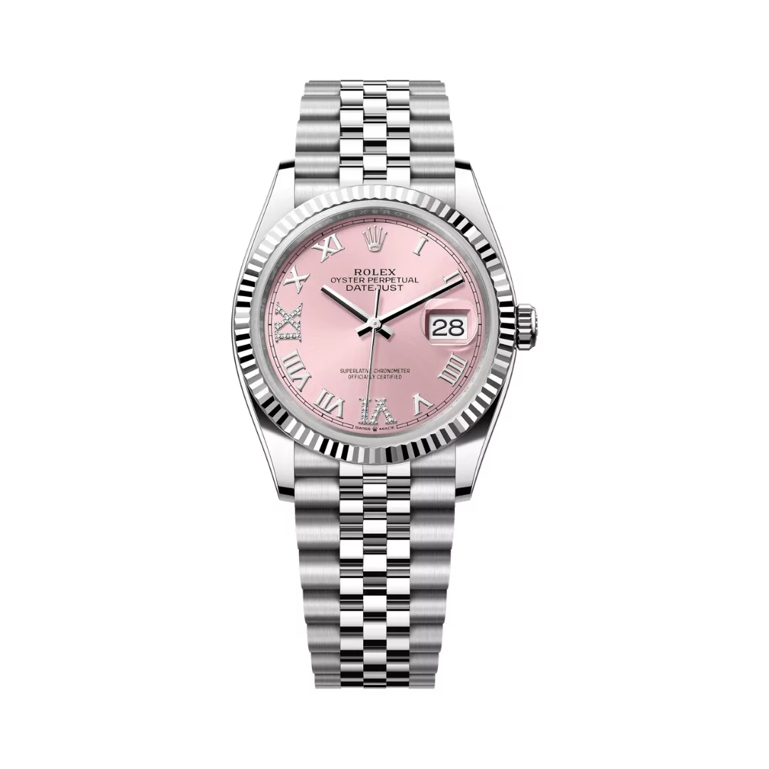 Rolex-Datejust-126234-0031-Oystersteel.png Rolex Datejust 126234-0031 Oystersteel White Gold Roman Numerals Pink Dial 36mm Women’s Watch - Image 1