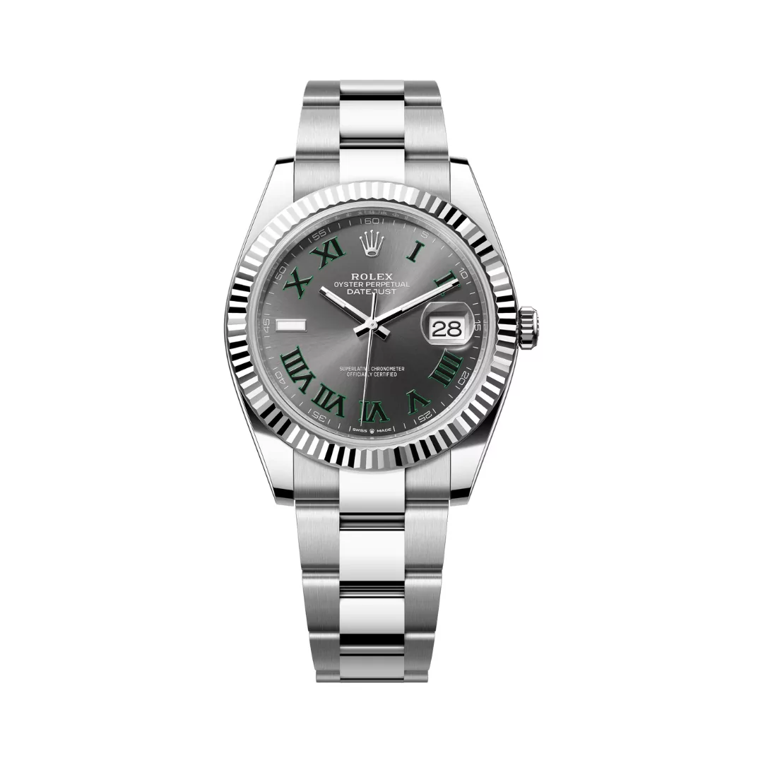 Rolex-Datejust-m126334-0021.png Rolex Datejust 41 Oyster Perpetual 126334-0021 White Gold 41mm Grey Dial Green Roman Numeral Men’s Watch - Image 1