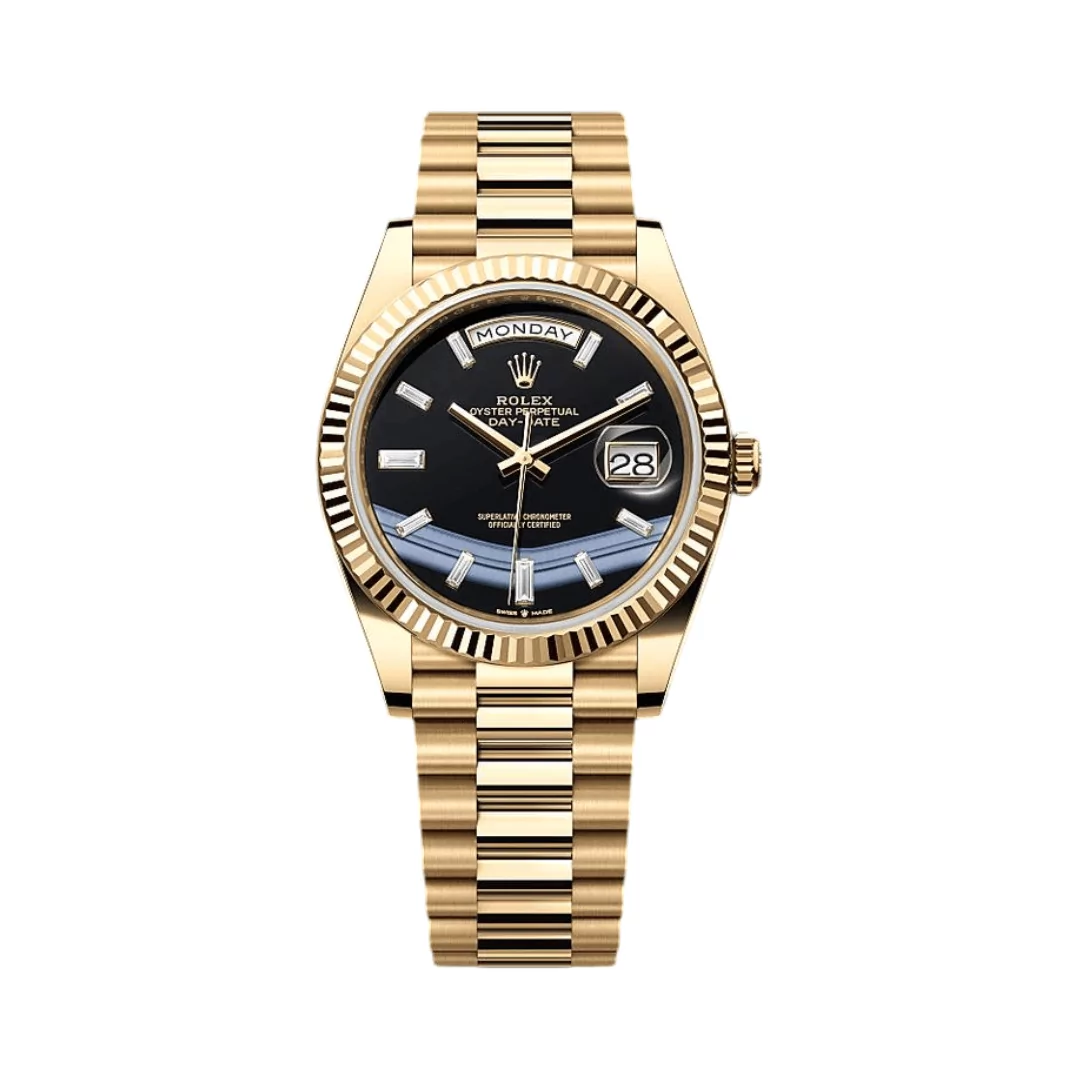 Rolex-Day-Date-228238-0059.png Rolex Day-Date 228238-0059 Yellow Gold 40mm Onyx Baguette Black Dial Men’s Watch - Image 1