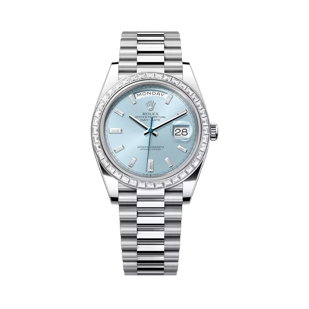 Rolex-Day-Date-228396TBR-Automatic.png (1) Rolex Day Date 228396TBR Automatic Platinum Baguette Bezel 40MM Ice Blue Dial Unisex Watch - Image 1