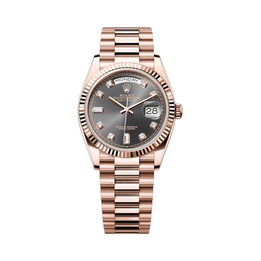 Rolex-Day-Date-36-President-128235-0050.png Rolex Day-Date 36 President 128235-0050 18K Everose Gold Fluted Bezel 36mm Slate Gray Dial Ladies Watch - Image 1