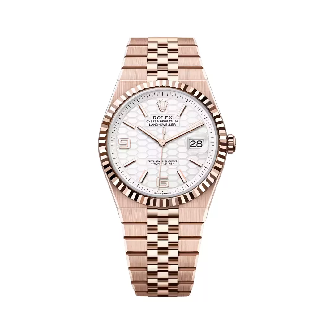 Rolex-Land-Dweller-127335-0001.jpg Rolex Land-Dweller 127335-0001 Everose Gold 40mm White Honeycomb-motif Dial Men’s Watch - Image 1