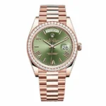 Rolex Day-Date 228345RBR OGRP 18K Everose Gold Diamond Bezel 40mm Olive Green Roman Dial Men’s Watch