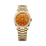 Rolex Day-Date Diamond Bezel 128348RBR-0049 Carnelian Dial Yellow Gold 36mm Women’s Watch